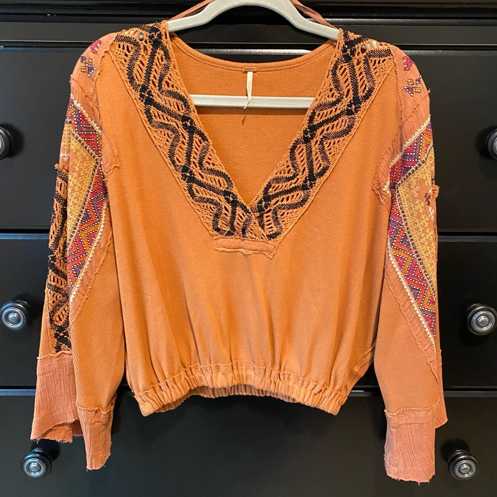 Free People Orange Embroidered V-Neck Pullover